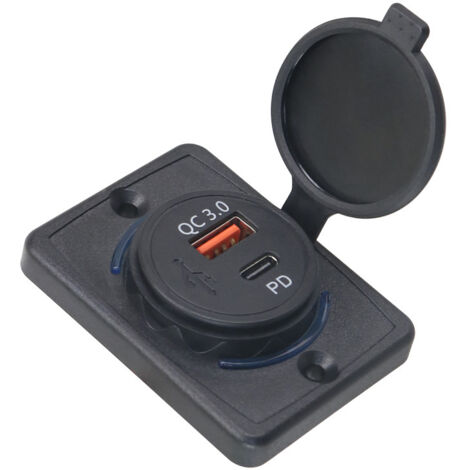 Chargeur de voiture QCPD avec couvercle carré à rabat et voyant bleu - AquaForge