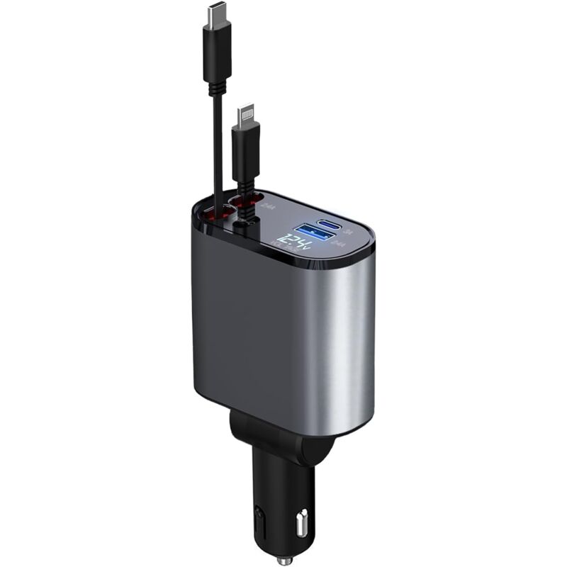 Chargeur de voiture rétractable, chargeur de téléphone de voiture à charge ultra rapide 4 en 1 avec 2 câbles rétractables de 31,5 pouces et 2 ports