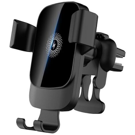 Chargeur de voiture sans fil noir avec support de téléphone, charge rapide 15 W.