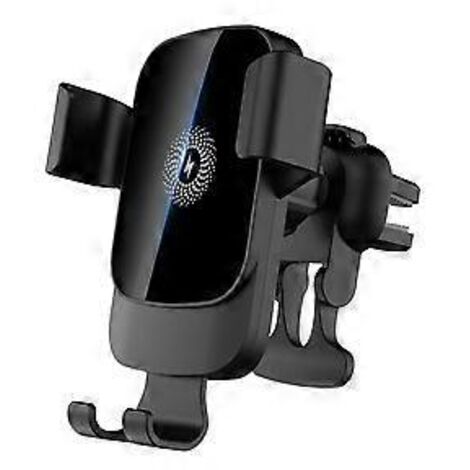 Chargeur de voiture sans fil noir avec support pour téléphone, charge rapide 15 W, fixation automatique.