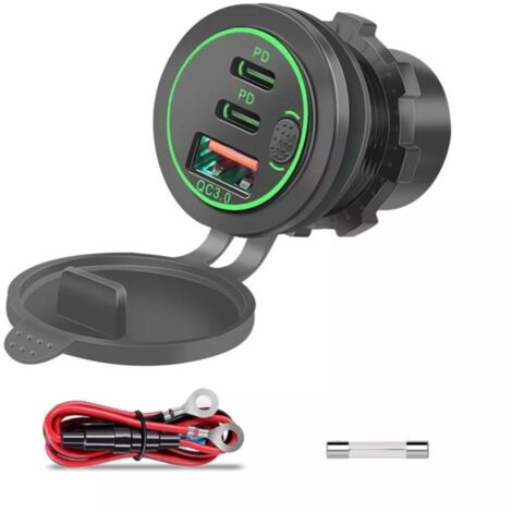 Chargeur de voiture USB 18 W à 3 ports avec interrupteur, compatible 12-24 V QC 3.0 USB et double prise allume-cigare USB-C PD, étanche, à fixer sur le tableau de bord, pour voiture, moto, camion, bat