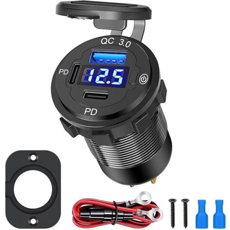 Chargeur de Voiture USB, 72W QC3.0 & Dual PD USB C Charger Power USB Outlet Panel with Switch LED Voltmeter for 12V Vehicles