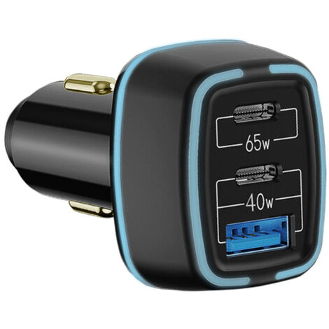Chargeur de voiture USB-C 105 W, allume-cigare 12 V/24 V avec 3 ports USB PD 65 W et 20 W (double port USB-C et chargeur rapide QC 3.0 20 W) pour iPhone 12/12 Pro/11, Samsung S20/S10/S9, Huawei, LG, i