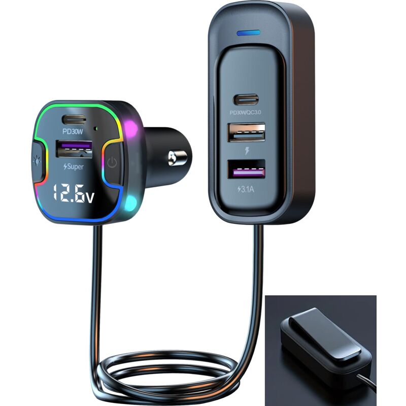 Chargeur de Voiture USB C 75W avec 5 Ports QC 3.0 PD Voltmètre LED Câble 1,5 Mètre pour 12V/24V Camping-Car Bateau