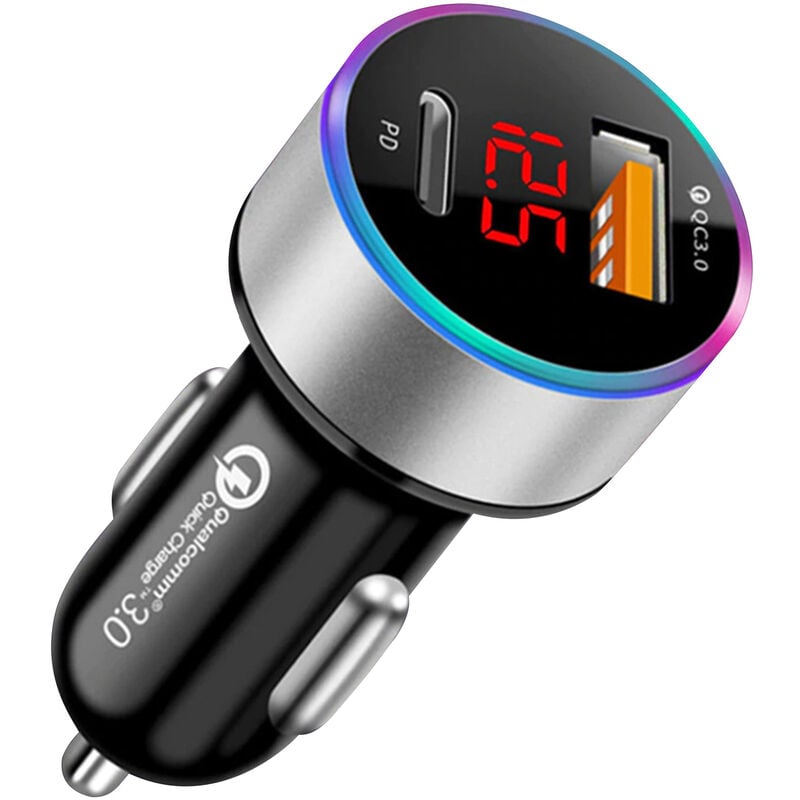 Chargeur De Voiture Usb Charge Rapide Qc3.0 + Pd Type C Ecran Lcd De Telephone Portable Adaptateur De Charge Rapide, Argent