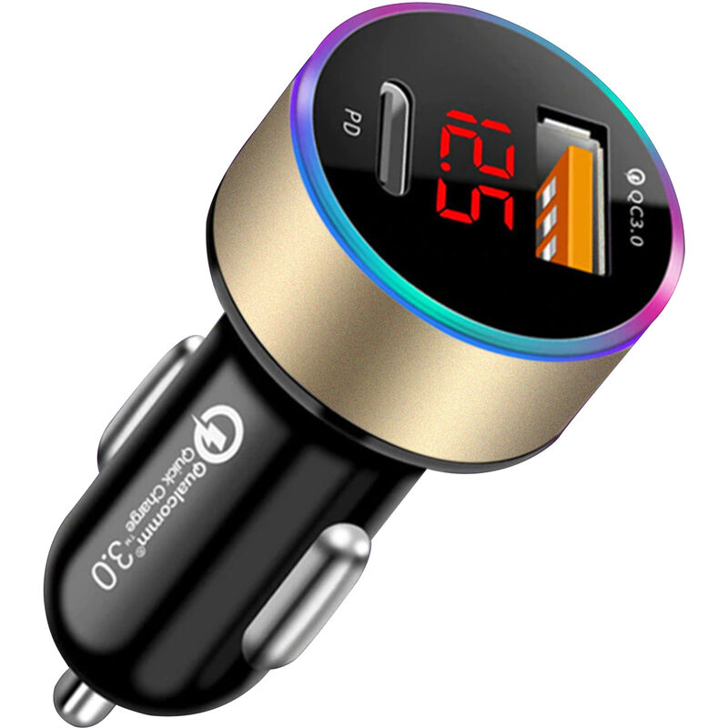 Chargeur De Voiture Usb Charge Rapide Qc3.0 + Pd Type C Ecran Lcd De Telephone Portable Adaptateur De Charge Rapide, Or