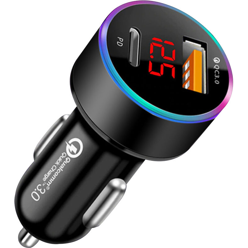 Asupermall - Chargeur De Voiture Usb Charge Rapide Qc3.0 + Pd Type C Ecran Lcd De Telephone Portable Adaptateur De Charge Rapide, Noir