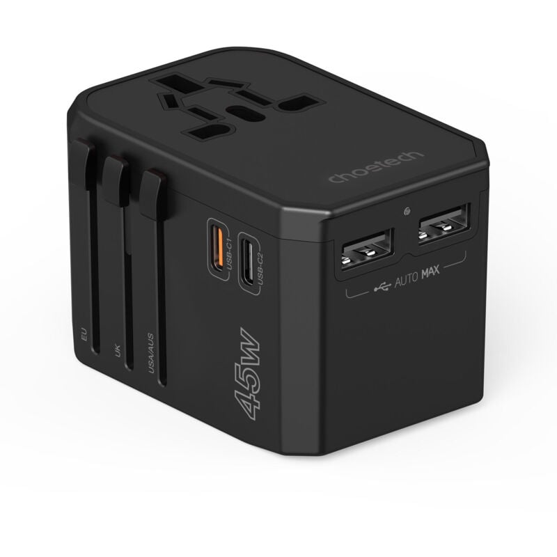 Chargeur de voyage universel 2x USB-C 2x USB-A PD 45W Prises US EU UK AU Noir