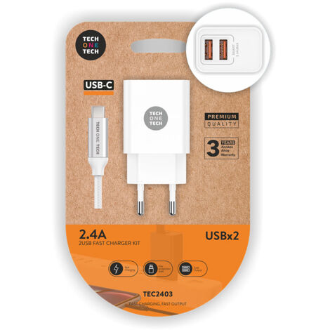 Chargeur Double Blanc+cable Nylon Usb-c 24a Tech One Tech - Tech One Tech