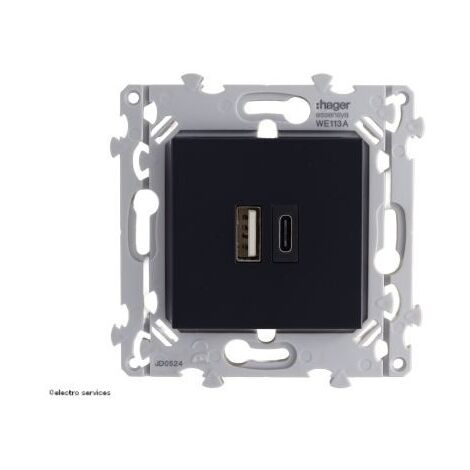 Chargeur double USB A+C Hager Essensya Finition: Anthracite - Griffes: Sans griffes
