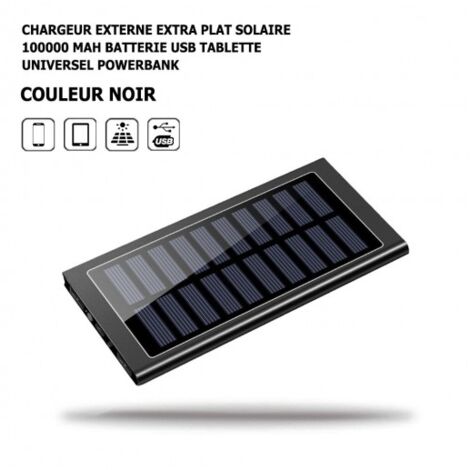 Chargeur Externe Extra Plat Solaire 100000 Mah Noir Batterie USB Tablette Powerbank, LED, Universel, Huawei, Samsung, Xiaomi