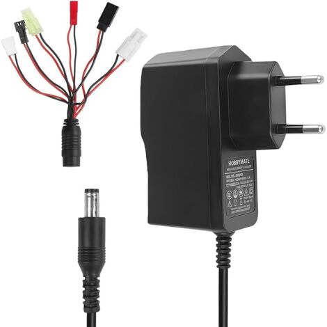 Chargeur Intelligent NIMH/NICD 2.4V-12V, Chargeur Voiture Télécommandée 6.4V 9.6V Carrera & Airsoft, Compatible Batterie RC avec 6 Connecteurs Tamiya, Tamiya Mini, JST, SM 2P, FUTABA, XH