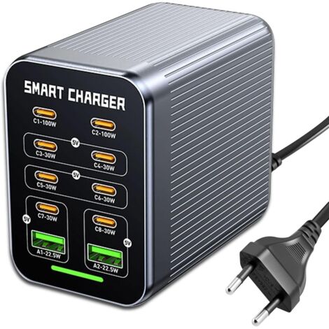 Chargeur Multiport USB-C 425 W, Station de Charge Rapide 10 en 1 GaN pour Ordinateur Portable, PD140 W, 100 W/QC20 W (8C + 2A), Compatible avec MacBook Pro/Air, iPh0ne, HP, Galaxy S25, etc.