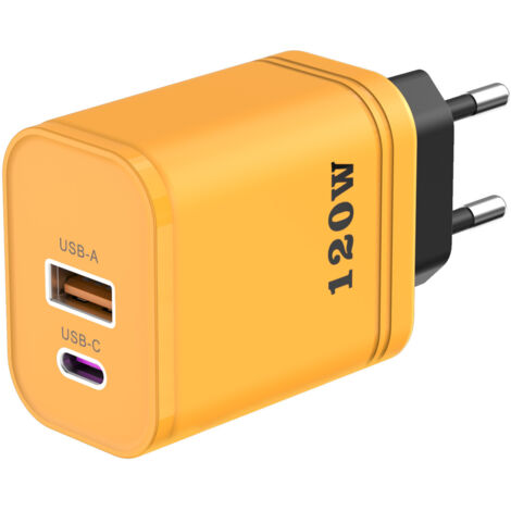 Chargeur mural 12W multi-ports (1 USB-A + 1 USB-C), prise EU jaune, adaptateur rapide pour smartphones et petits appareils