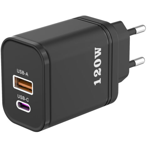 Chargeur mural 12W multi-ports (1 USB-A + 1 USB-C), prise EU noire, adaptateur rapide pour smartphones et petits appareils