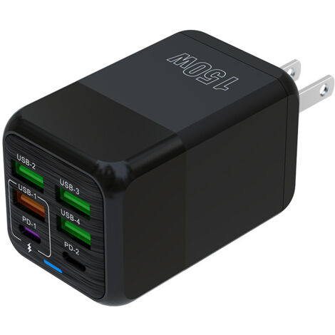 Chargeur mural 150W multi-ports 6-en-1 (4 USB-A + 2 USB-C PD), prise EU noire, 5V 3A