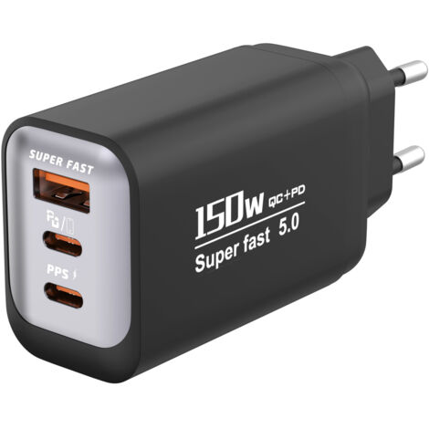 Chargeur mural 150W multi-protocoles (1 USB-A + 2 USB-C PD), prise EU noire, charge rapide