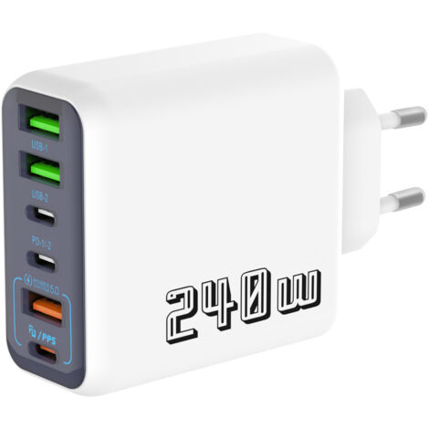 Chargeur mural 240W multi-ports 6-en-1 (3 USB-A + 3 USB-C), prise EU blanche, charge rapide