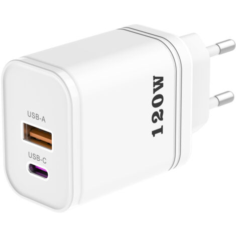 Chargeur mural 25W multi-ports (1 USB-A + 1 USB-C PD), prise EU blanche, charge rapide pour smartphones et appareils USB