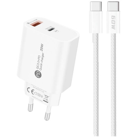 Chargeur mural A6MaxC 20 W USB-A/USB-C avec câble USB-C de 1 m - Blanc