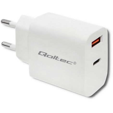 Chargeur mural Qoltec 18 W  5-12 V  1,5-3 A  USB Type-C PD  USB QC 3.0  Blanc