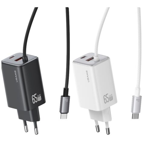 Chargeur mural USAMS GaN 65 W, charge rapide, 2 ports USB-C et USB-A, blanc