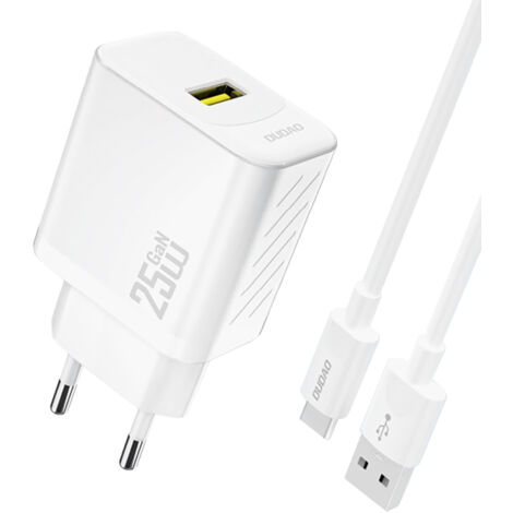 Chargeur mural USB-A avec câble GaN USB-A - USB-C 25 W - Blanc