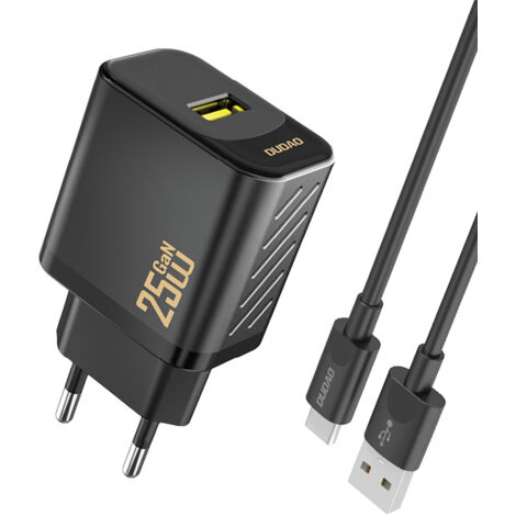 Chargeur mural USB-A avec câble GaN USB-A - USB-C 25 W - Noir