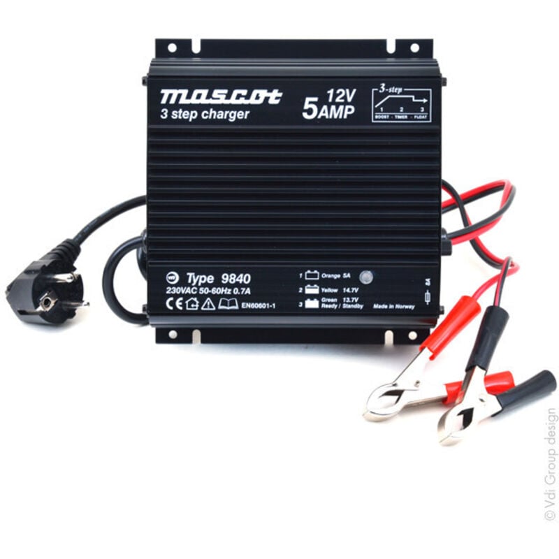 Chargeur plomb 12V/5A 230V 9840 - pinces crocodiles (Intelligent) - Mascot