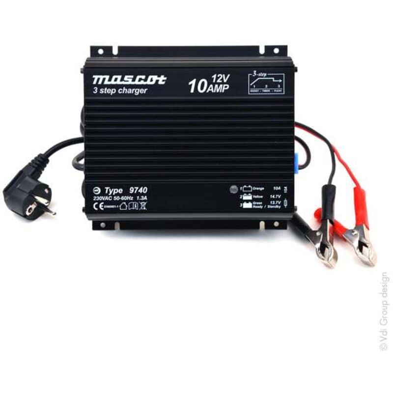 Chargeur plomb 12V/10A 230V 9740 - pinces crocodiles (Intelligent) - Mascot
