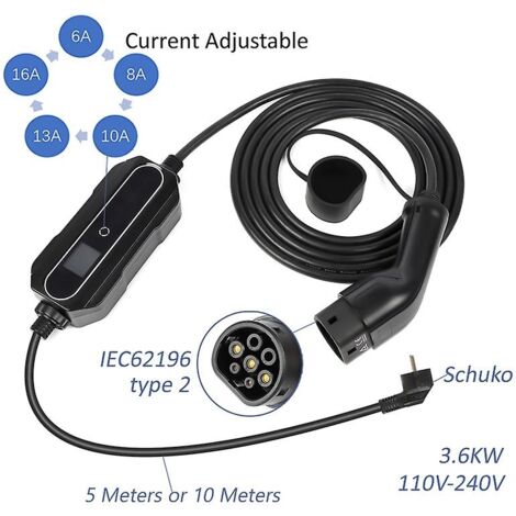 Chargeur portable pour véhicules électriques de type 2, type 1, mode 2, niveau 2, câble de recharge 16 A/24 A/32 A, 5 m