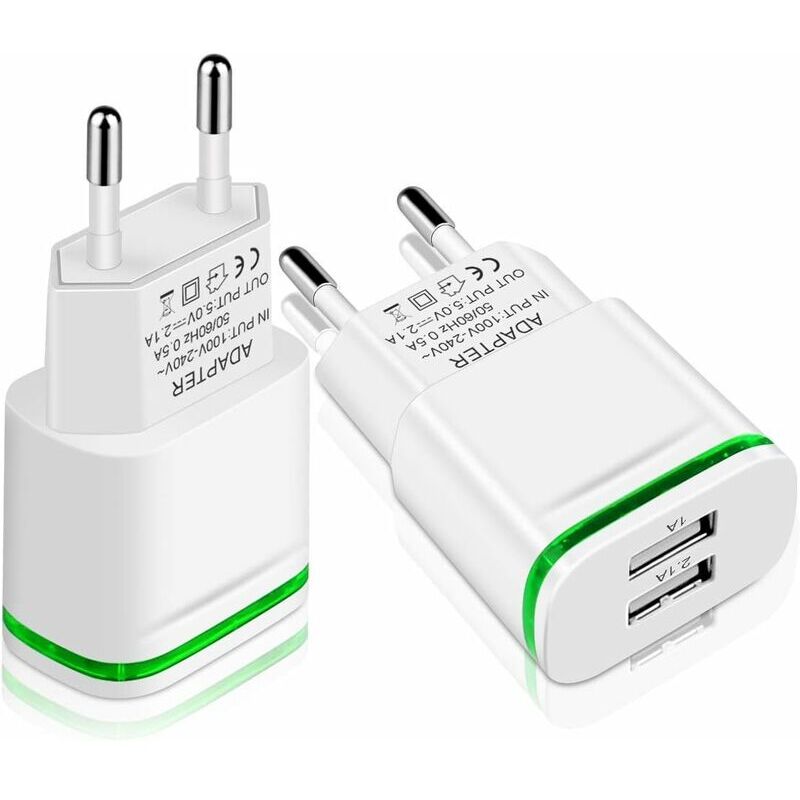 Chargeur Prise USB Secteur, 2-Pack 2.1A 5V 2 Ports Adaptateur Alimentation Universel LED Replacement for iPhone 11 XR X XS Max 8 7 6 6S Plus 5S,