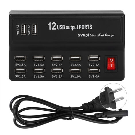 Chargeur Rapide 12 Ports USB pour Téléphone - Bloc Multiprise Secteur 100-240V (Prise US)