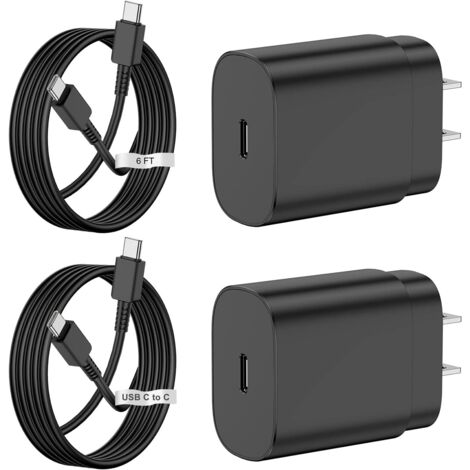 Chargeur Rapide 25W USB-C avec Câble 2 m Noir Prise EU, Lot de 2 Kits pour Samsung Galaxy S22 S21 Note 20