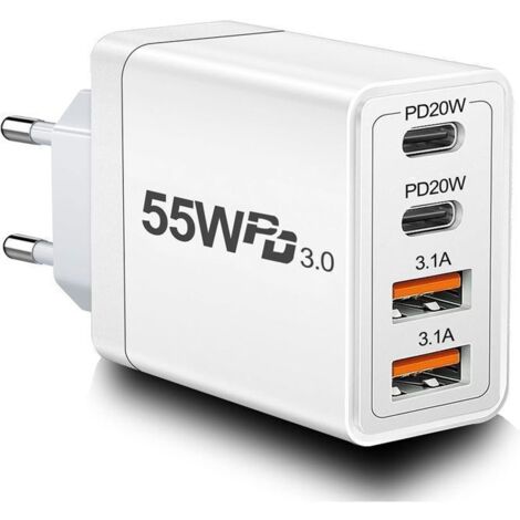 Chargeur Rapide 55W - Multi Secteur - 4 Ports USB - Compatible iPhone, iPad, Samsung - Protection Sécurisée