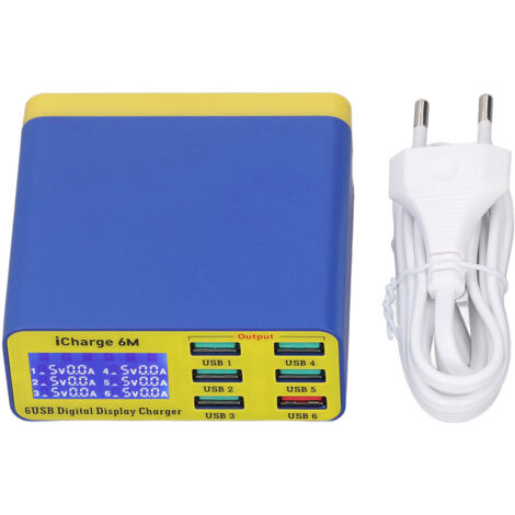 Chargeur Rapide 6 Ports avec Affichage Numérique, Dissipation Thermique Efficace pour Téléphone et PC, 100‑240V Prise UE