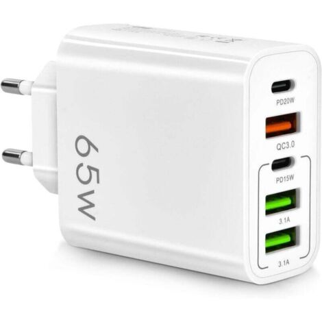 Chargeur rapide 65 W avec port USB-C, adaptateur multiport avec 2 ports USB-C + 2 ports USB + 1 port QC 3.0, chargeur USB 5 ports compatible avec iPhone 14 Pro Max, 13, 12, 11, XS, XR, 8, 7, MacBook P