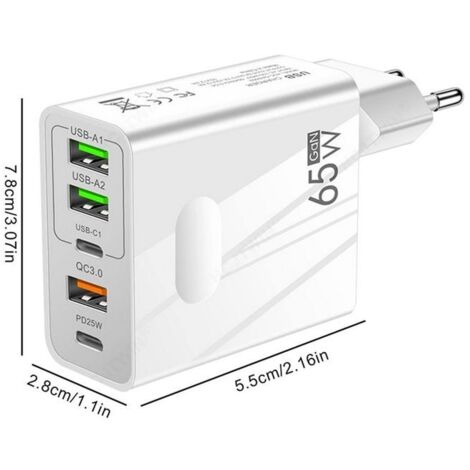 Chargeur Rapide 65W Prise Multiple avec 2 USB C + 2 USB + 1 QC 3.0 Chargeur 5 Ports pour Samsung Galaxy Tab A9+ Plus 11\" Blanc-Yuan