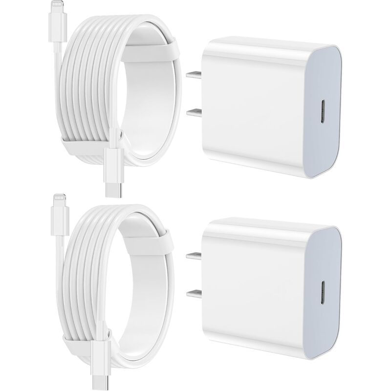 Chargeur rapide compatible iPhone, lot de 2 blocs de charge rapide 20 W Type C avec câble USB C vers Lightning de 1,8 m, compatible avec iPhone