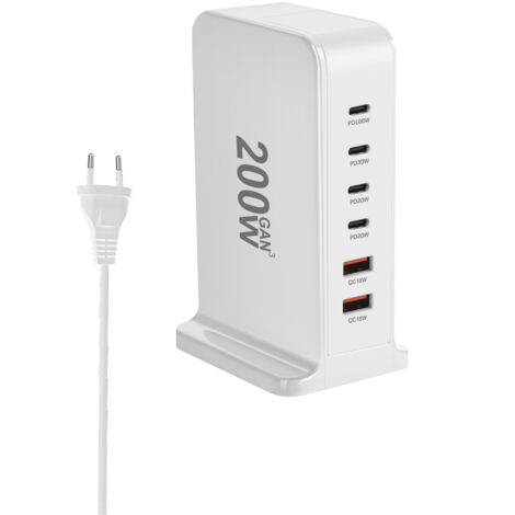 Chargeur Rapide de Bureau GaN PD 200W (4 Ports USB-C + 2 Ports USB-A), Prise EU, Charge Multi-Port pour Ordinateurs Portables, Tablettes et Téléphones