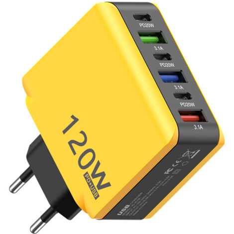 Chargeur rapide multi-port 120W plusieurs coloris, 3USB + 3PD prise européenne pour smartphone