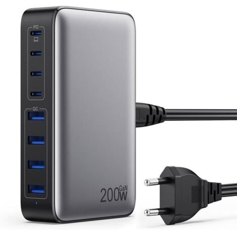 Chargeur rapide USB-C 200 W avec technologie GaN III, multiprise 8 ports PD QC PPS, compatible avec les adaptateurs 65 W