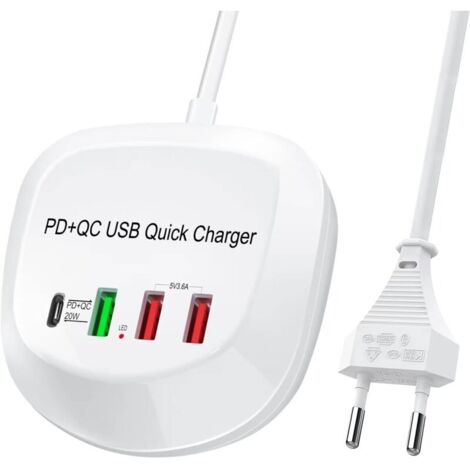 Chargeur rapide USB-C. Chargeur USB PD QC 3.0, adaptateur secteur multi-USB à 4 ports pour iPhone et iPad.