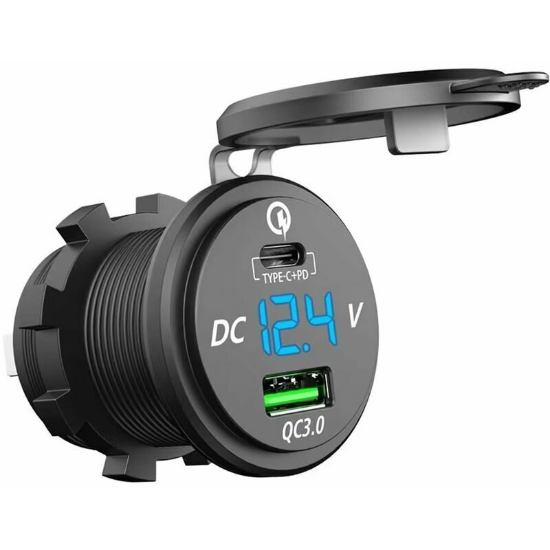 Start - Chargeur Rapide usb c Voiture 12V / 24V qc 3.0 64W Double Prise Chargeur usb étanche avec led Voltmètre pour Voiture Aarine Moto Bateau