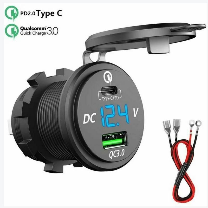 Chargeur Rapide USB C Voiture 12V / 24V QC 3.0 64W Double Prise Chargeur USB Étanche avec LED Voltmètre pour Voiture Aarine Moto Bateau Caravane