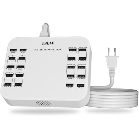Chargeur Rapide USB, Station de Charge Portable 20 Ports, adapté à différents appareils, Compatible avec iPhone iPad、Chargeurs USB de Samsung, Google, Xiaomi, Huawei et Autres(Blanc,EU)