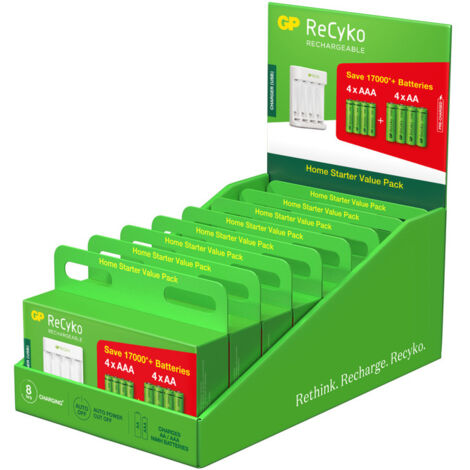 chargeur recyko e411 + 4 piles aa + 4 piles aaa display de 8 - gp