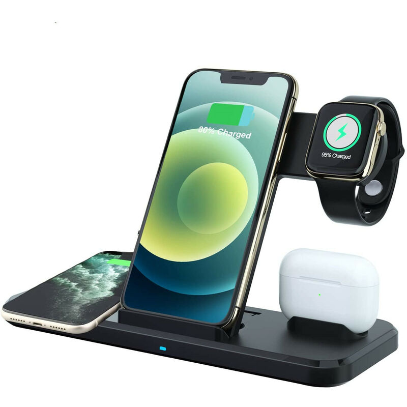 BISBISOUS Chargeur sans fil 4 en 1, support de charge rapide 15 w pour iPhone, Apple Watch, AirPods (noir) Bisbisous