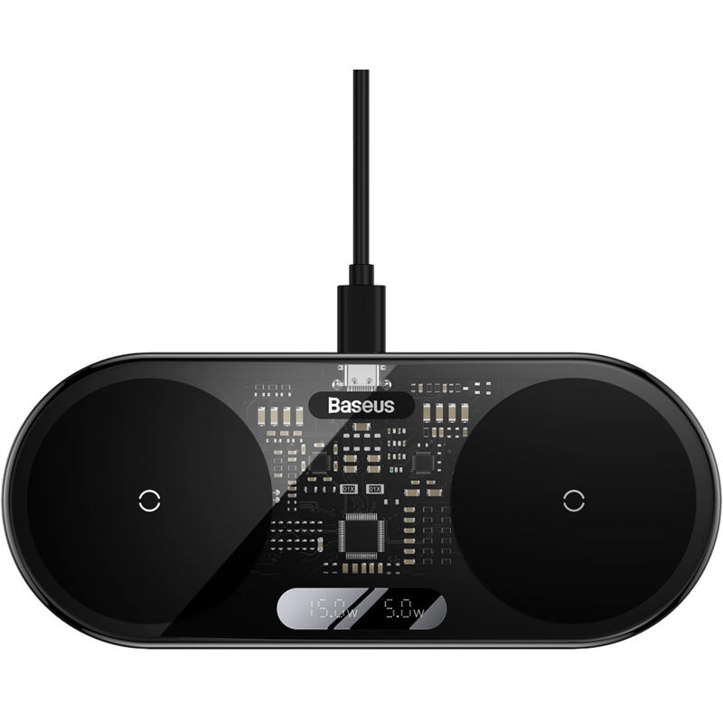 Chargeur sans fil double QI avec affichage USB-C 20W - noir