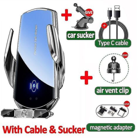 Chargeur sans fil pour voiture 120 W, support magnétique automatique pour téléphone, compatible avec iPhone 14, 13 et 11, Samsung et Xiaomi, charge rapide – Argenté avec ventouse